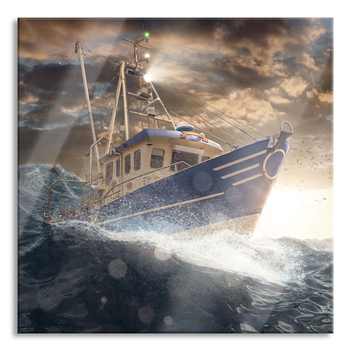 Pixxprint Fischerboot im Sturm auf hoher See, Glasbild Quadratisch