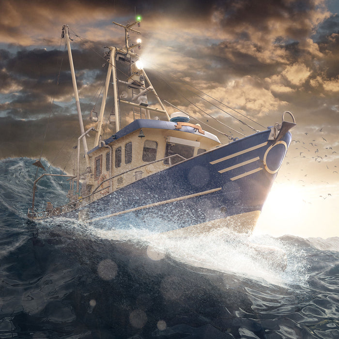 Fischerboot im Sturm auf hoher See, Glasbild Quadratisch