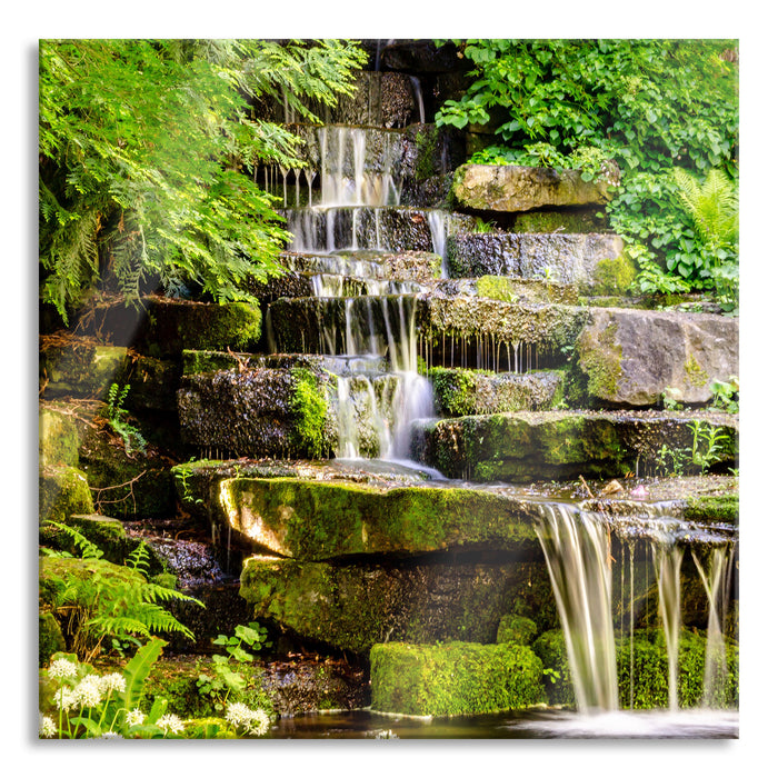 Pixxprint Kleiner Wasserfall über Steinplatten, Glasbild Quadratisch