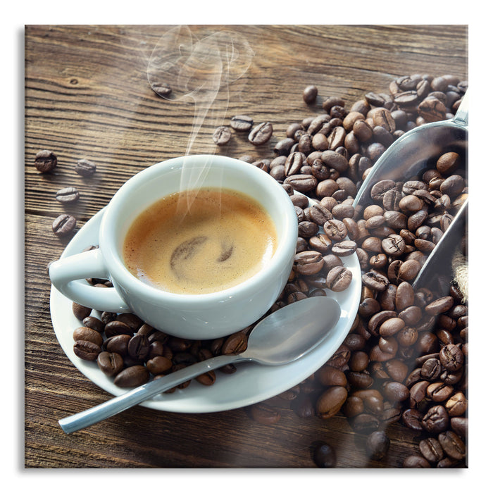 Espressotasse mit Kaffeebohnen, Glasbild Quadratisch