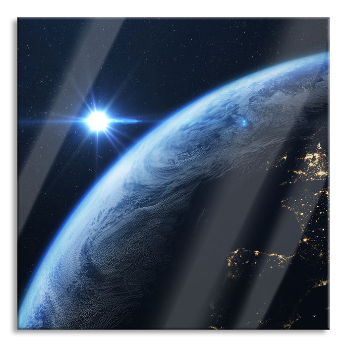 Pixxprint Erdkugel im All mit Lichtern, Glasbild Quadratisch