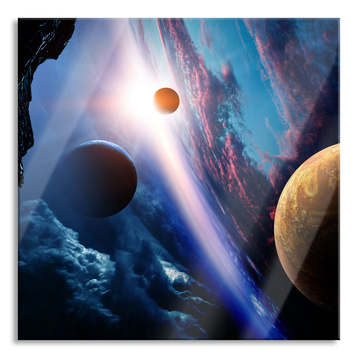 Abstrakte Planeten im Weltraum, Glasbild Quadratisch