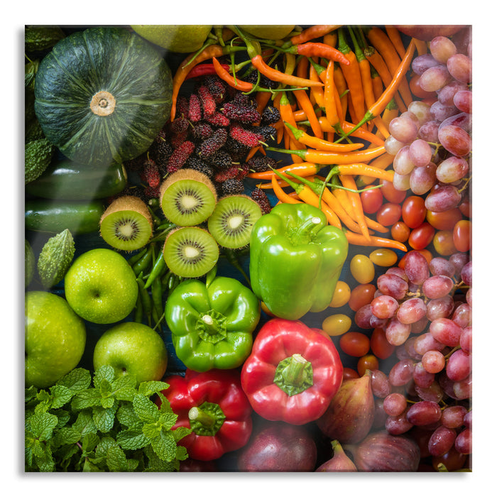 Pixxprint Verschiedene bunte Früchte von oben, Glasbild Quadratisch