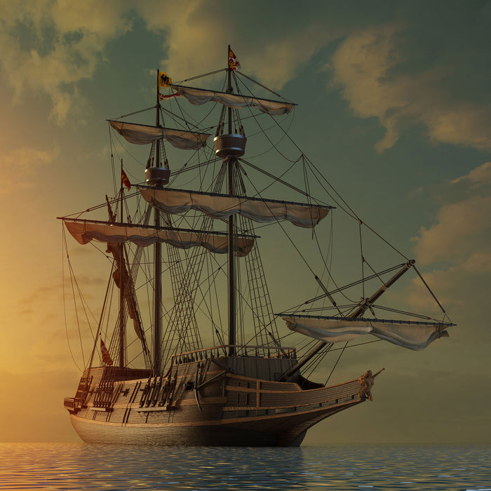 Großes Segelschiff im Sonnenuntergang, Glasbild Quadratisch