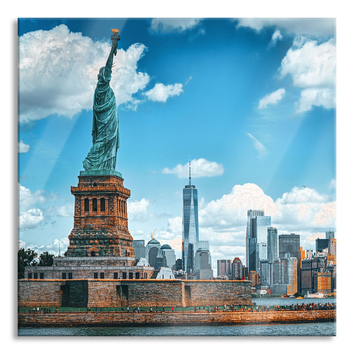 Pixxprint Freiheitsstatue mit New Yorker Skyline, Glasbild Quadratisch
