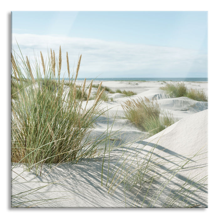 Pixxprint Grasige Dünenlandschaft am Meer, Glasbild Quadratisch