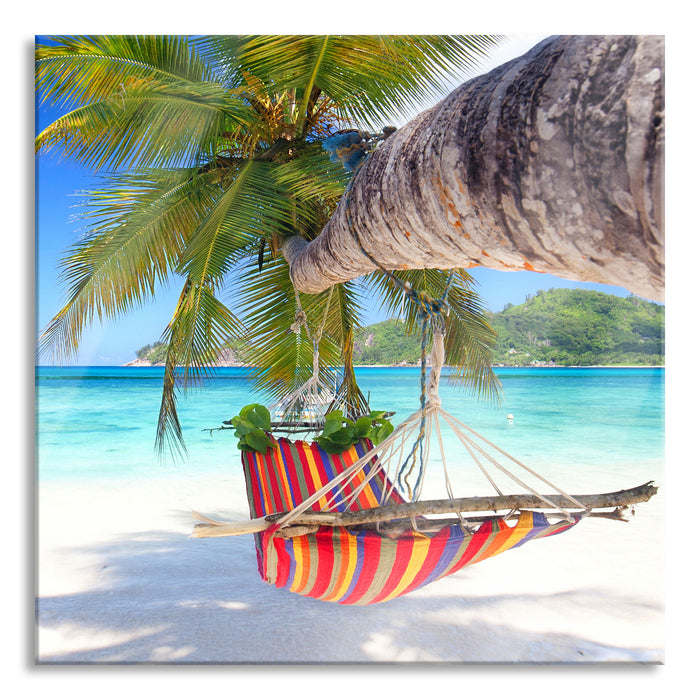Pixxprint Bunte Hängematte am Traumstrand, Glasbild Quadratisch