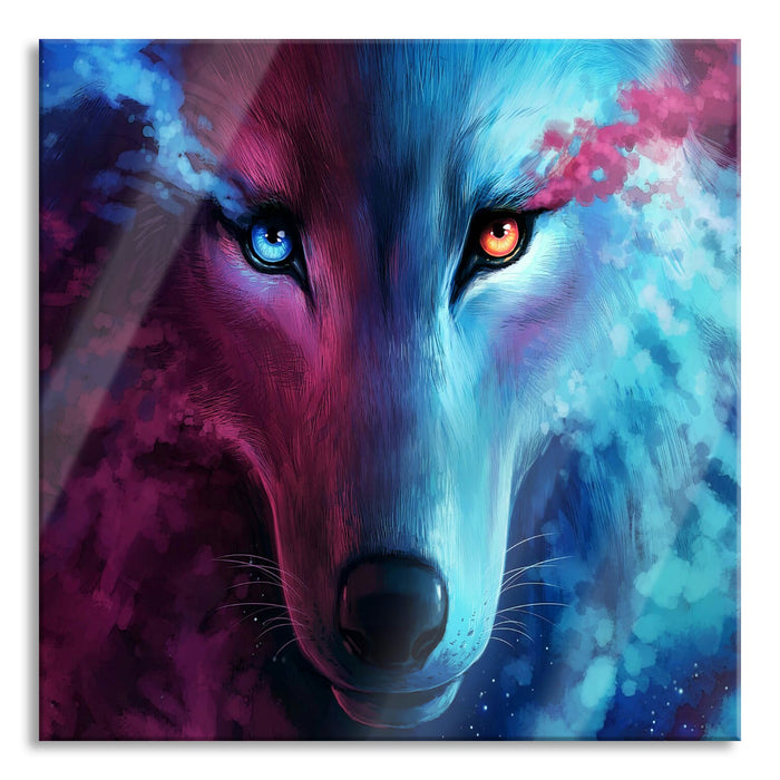 Abstrakter Wolf mit rauchenden Augen, Glasbild Quadratisch