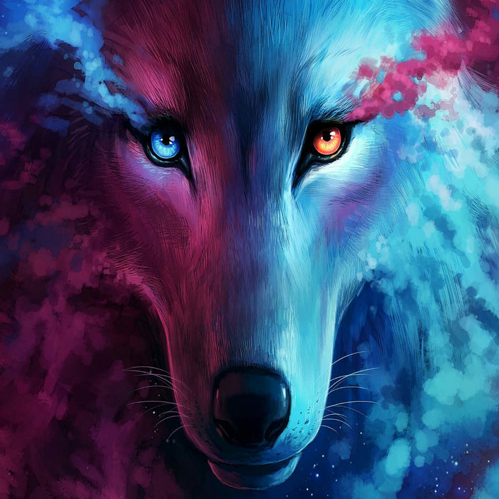 Abstrakter Wolf mit rauchenden Augen, Glasbild Quadratisch