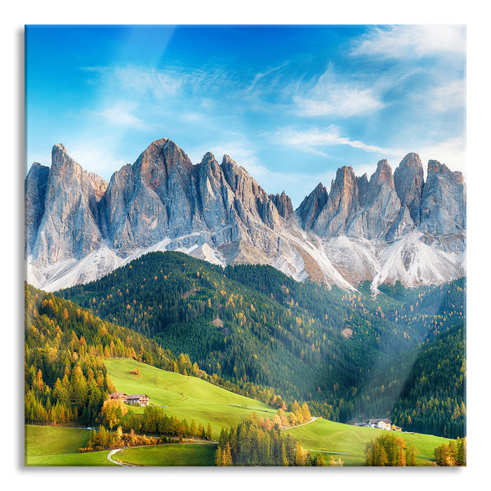 Pixxprint Bunte Waldlandschaft vor den Dolomiten, Glasbild Quadratisch