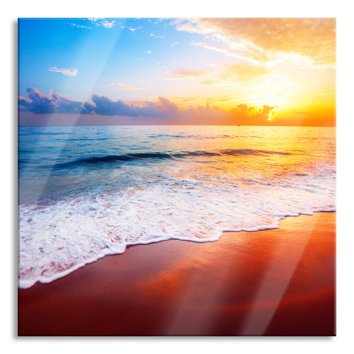 Pixxprint Sonnenuntergangsstimmung an Traumstrand, Glasbild Quadratisch