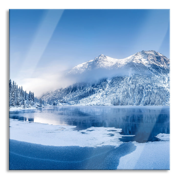 Pixxprint Winterlandschaft mit gefrorenem Bergsee, Glasbild Quadratisch