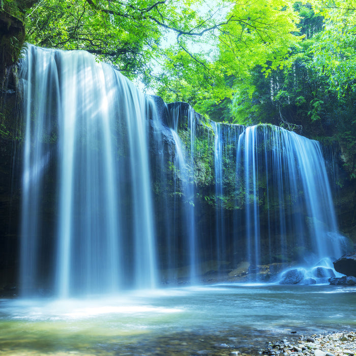 Tropischer Wasserfall im Wald, Glasbild Quadratisch