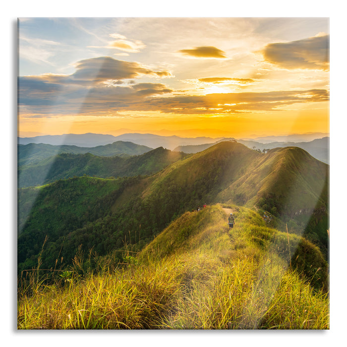 Pixxprint Gebirgszug bei Sonnenuntergang, Glasbild Quadratisch