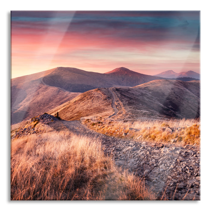 Pixxprint Steinlandschaft bei Sonnenuntergang, Glasbild Quadratisch