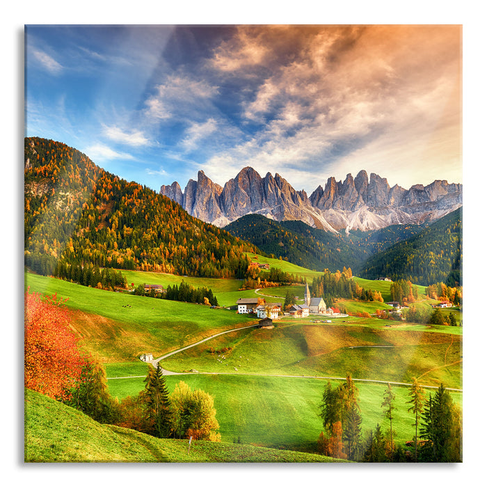 Pixxprint Herbstliche Landschaft in den Dolomiten, Glasbild Quadratisch