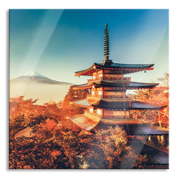 Pixxprint Japanischer Tempel in bunten Baumwipfeln, Glasbild Quadratisch