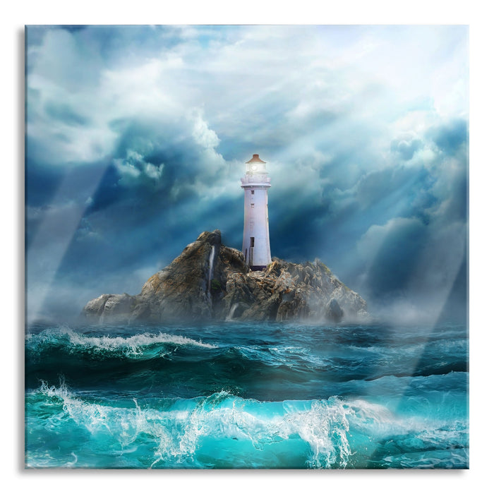 Pixxprint Sonnenstrahlen auf Leuchtturm im Sturm, Glasbild Quadratisch