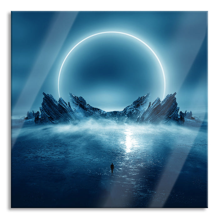 Pixxprint Abstrakter Mond hinter Felsformation, Glasbild Quadratisch