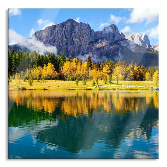 Pixxprint Kanadischer Herbstwald und Berge am See, Glasbild Quadratisch