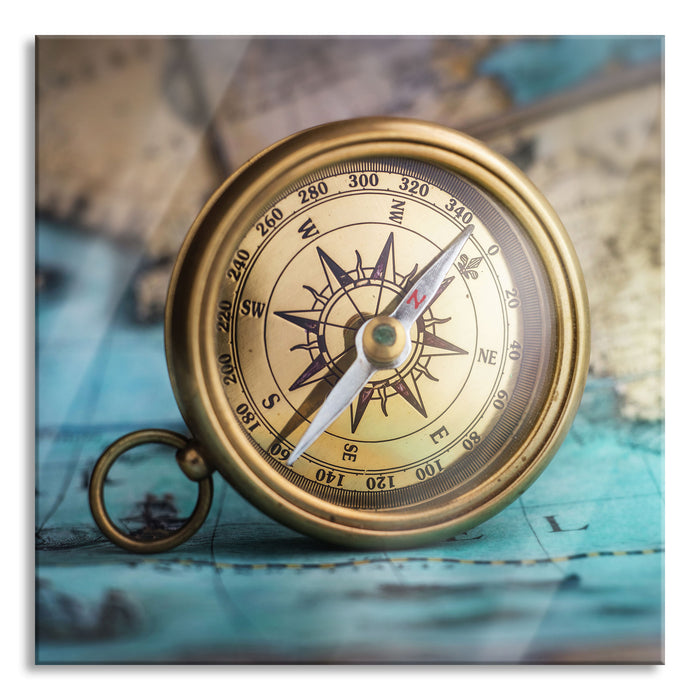 Alter Kompass auf Weltkarte, Glasbild Quadratisch