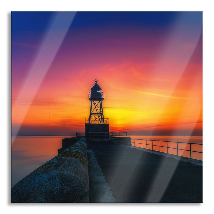 Pixxprint Leuchtturm am Steg bei Sonnenuntergang, Glasbild Quadratisch