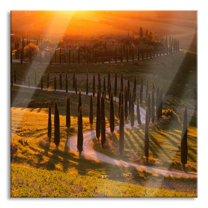 Straße in der Toskana im Sonnenuntergang, Glasbild Quadratisch