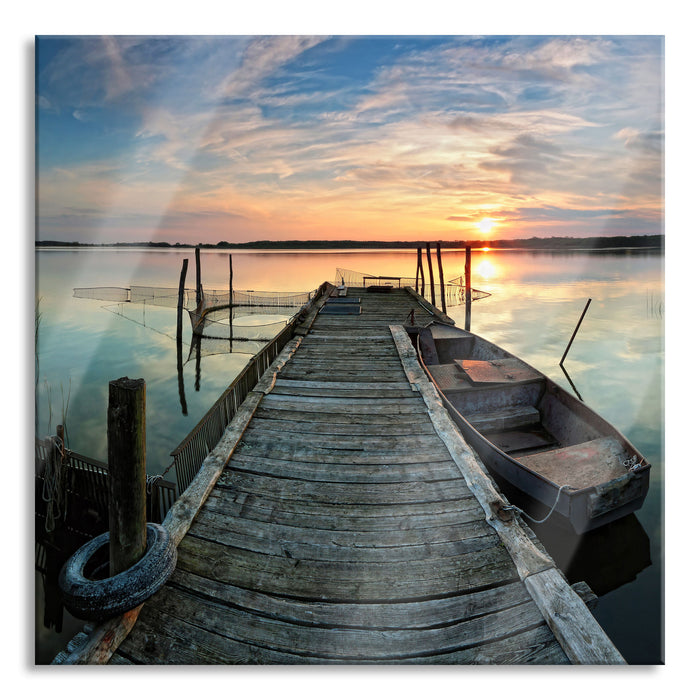 Pixxprint Weitwinkel Holzsteg im Sonnenuntergang, Glasbild Quadratisch