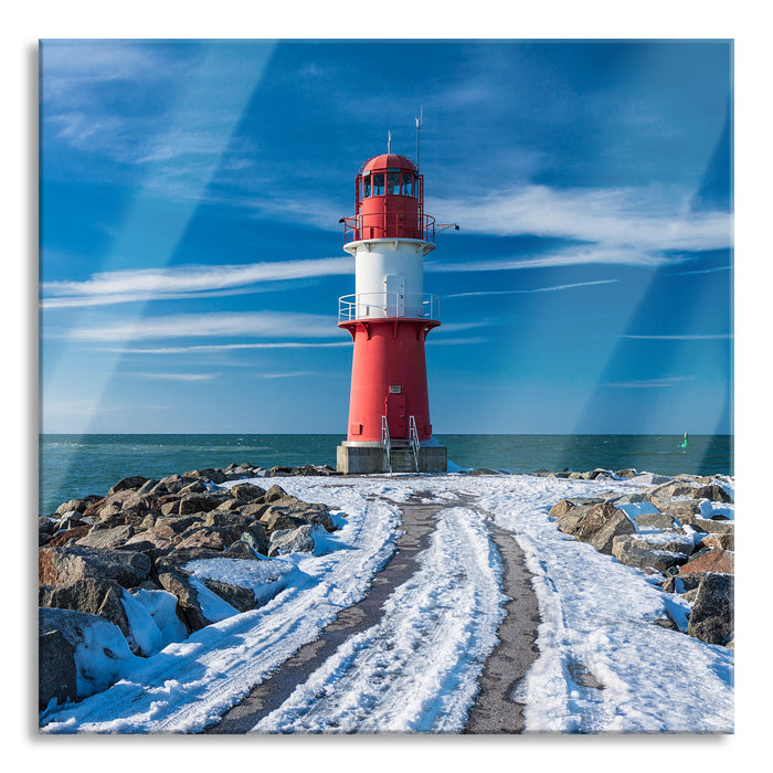 Pixxprint Molentürme in Warnemünde im Winter, Glasbild Quadratisch