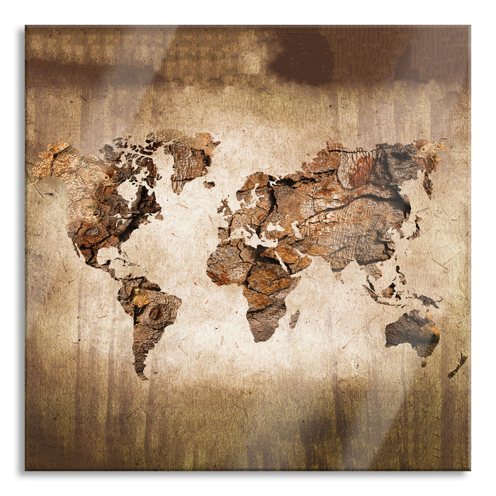 Weltkarte auf altem Holz, Glasbild Quadratisch