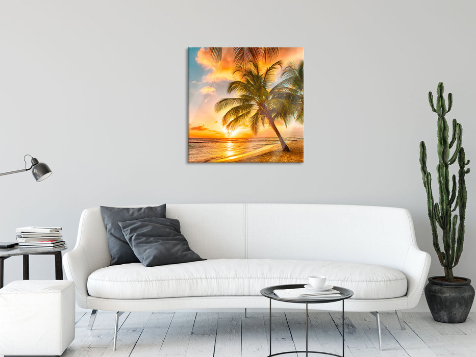 Palmen im Sonnenuntergang auf Barbados, Glasbild Quadratisch