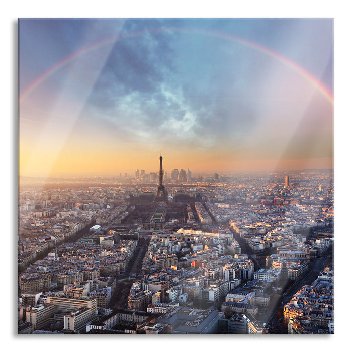 Panorama Regenbogen über Paris, Glasbild Quadratisch