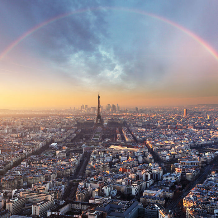 Panorama Regenbogen über Paris, Glasbild Quadratisch