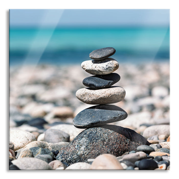 Pixxprint Steinpyramide am Kiesstrand, Glasbild Quadratisch