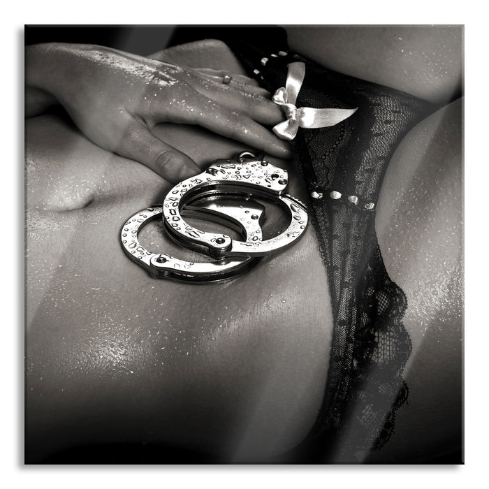 Pixxprint Sexy Frau Nahaufnahme Handschellen, Glasbild Quadratisch