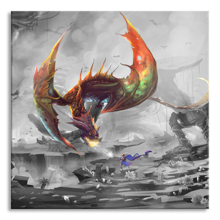 Pixxprint Kampf mit feuerspeiendem Drachen B&W Detail, Glasbild Quadratisch