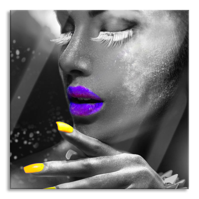 Frauengesicht bunte Neonlichter B&W Detail, Glasbild Quadratisch