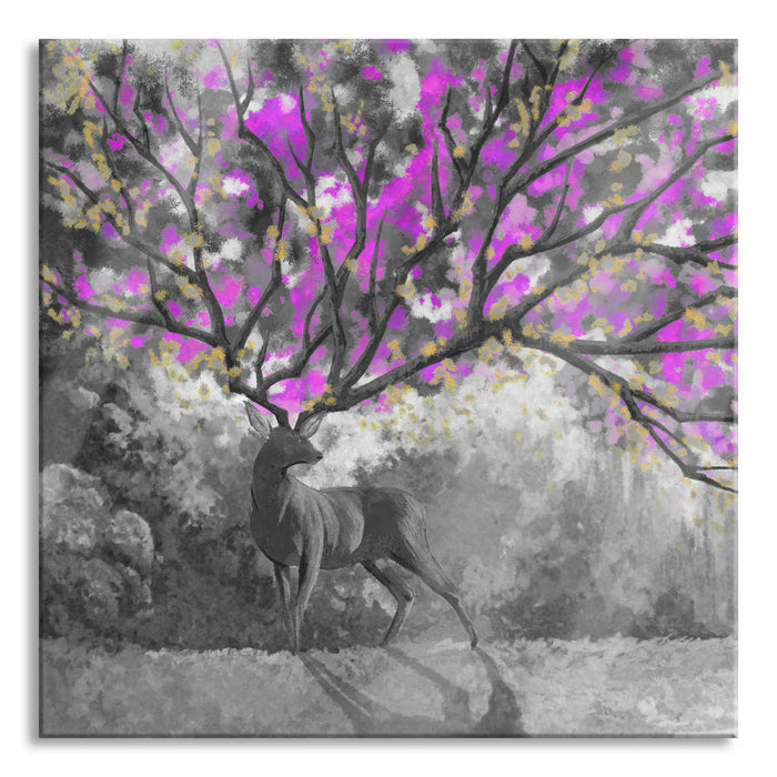 Pixxprint Fantasievoller Hirsch mit Baumgeweih B&W Detail, Glasbild Quadratisch