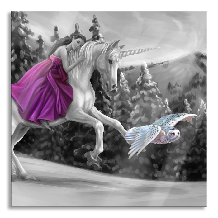 Pixxprint Mädchen reitet auf Einhorn im Winter B&W Detail, Glasbild Quadratisch