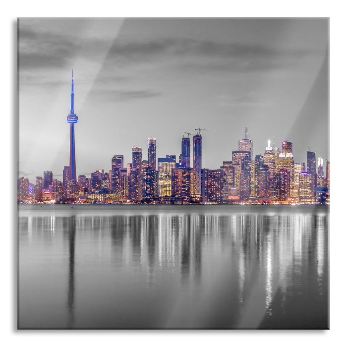 Pixxprint Skyline Toronto in der Abenddämmerung B&W Detail, Glasbild Quadratisch