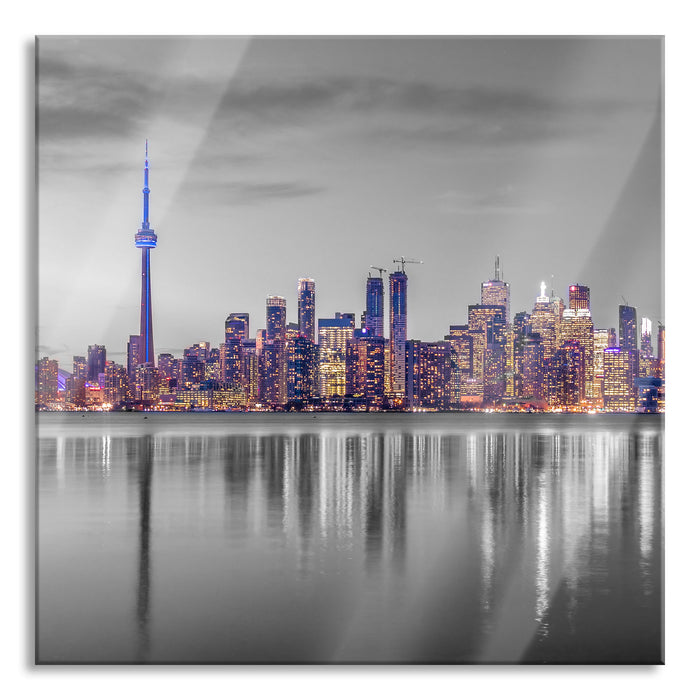 Skyline Toronto in der Abenddämmerung B&W Detail, Glasbild Quadratisch