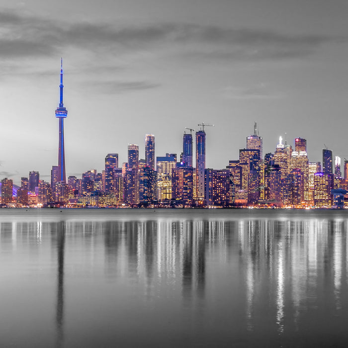 Skyline Toronto in der Abenddämmerung B&W Detail, Glasbild Quadratisch