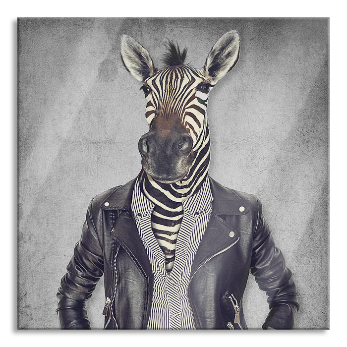 Pixxprint Zebrakopf Menschenkörper mit Lederjacke B&W Detail, Glasbild Quadratisch