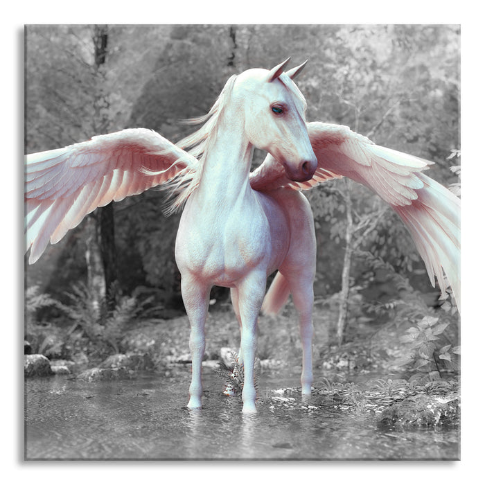 Pegasus im Fluss eines Herbstwaldes B&W Detail, Glasbild Quadratisch