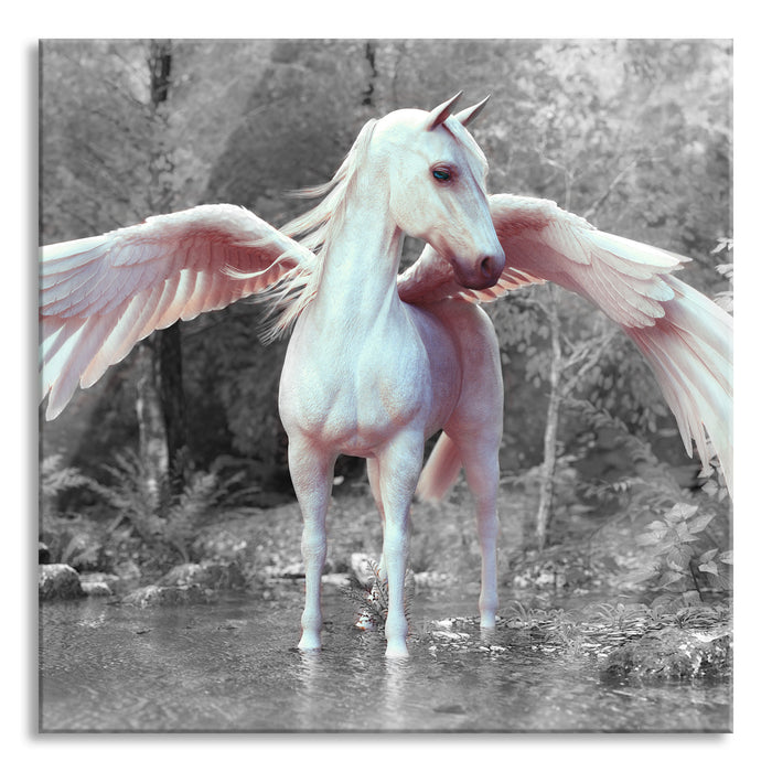Pixxprint Pegasus im Fluss eines Herbstwaldes B&W Detail, Glasbild Quadratisch