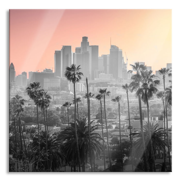 Palmen vor Skyline von Los Angeles B&W Detail, Glasbild Quadratisch