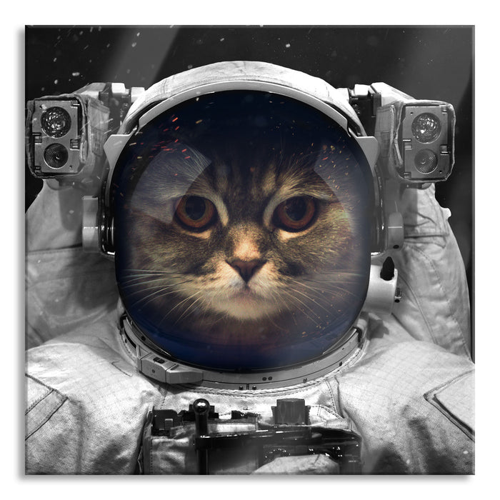 Pixxprint Astronautenkatze im Weltraum B&W Detail, Glasbild Quadratisch