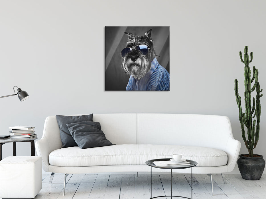 Lustiger Hund mit Hemd und Sonnenbrille B&W Detail, Glasbild Quadratisch