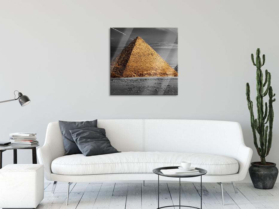 Ägyptische Pyramiden bei Sonnenuntergang B&W Detail, Glasbild Quadratisch