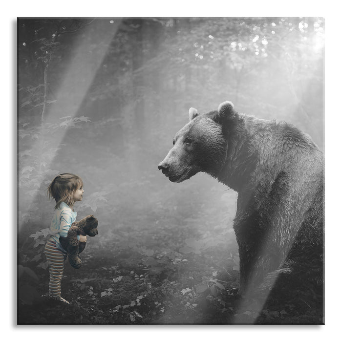 Mädchen mit Teddy und Bär im Wald B&W Detail, Glasbild Quadratisch